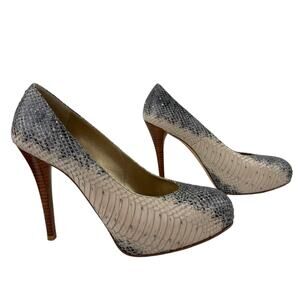Stuart Weitzman Rowin Snake Leather Platform Wood Heel Pumps Round Toe Size 9.5